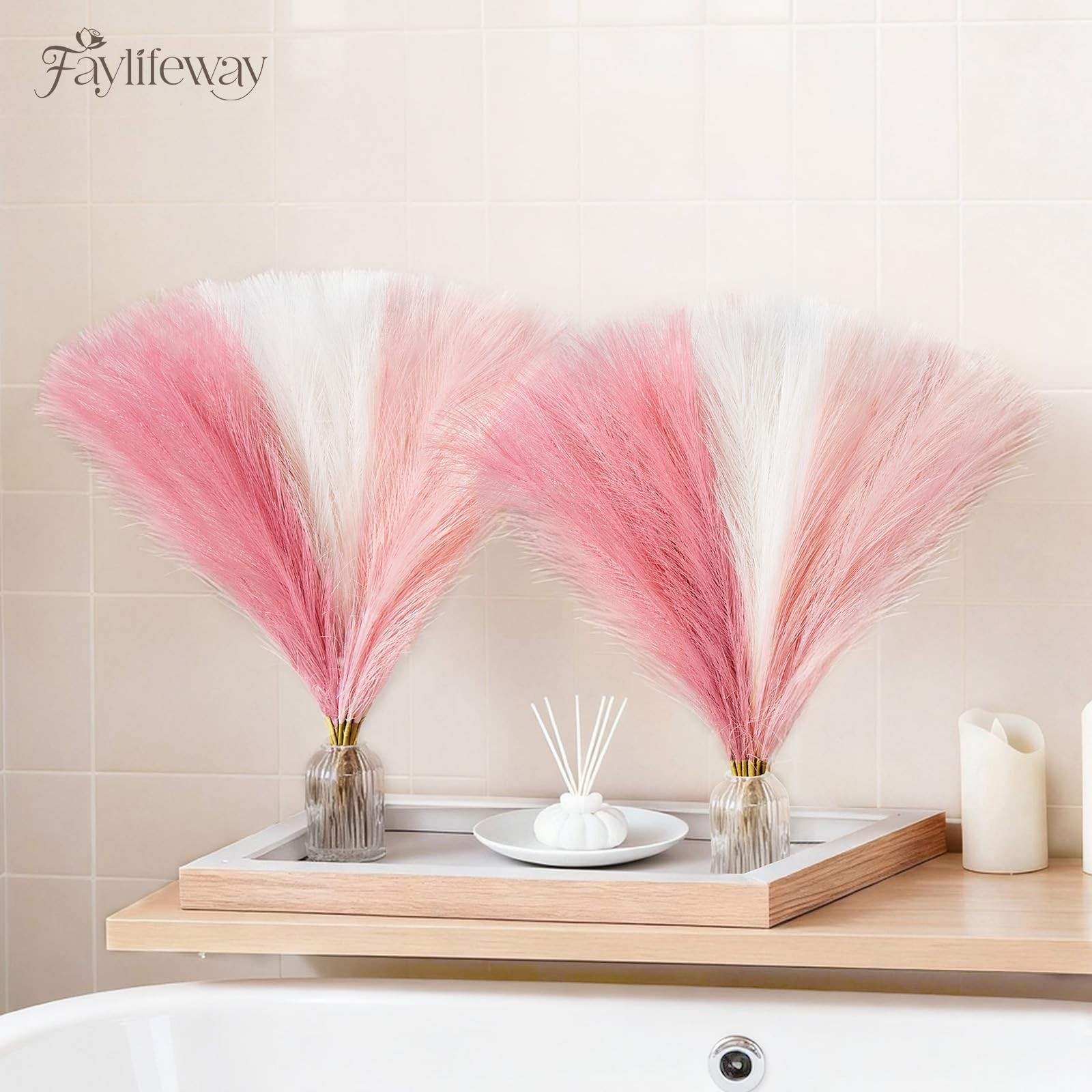 50PCS Blush Pink Pampas Grass – 17in Fluffy Boho Decor for Weddings, Birthdays,