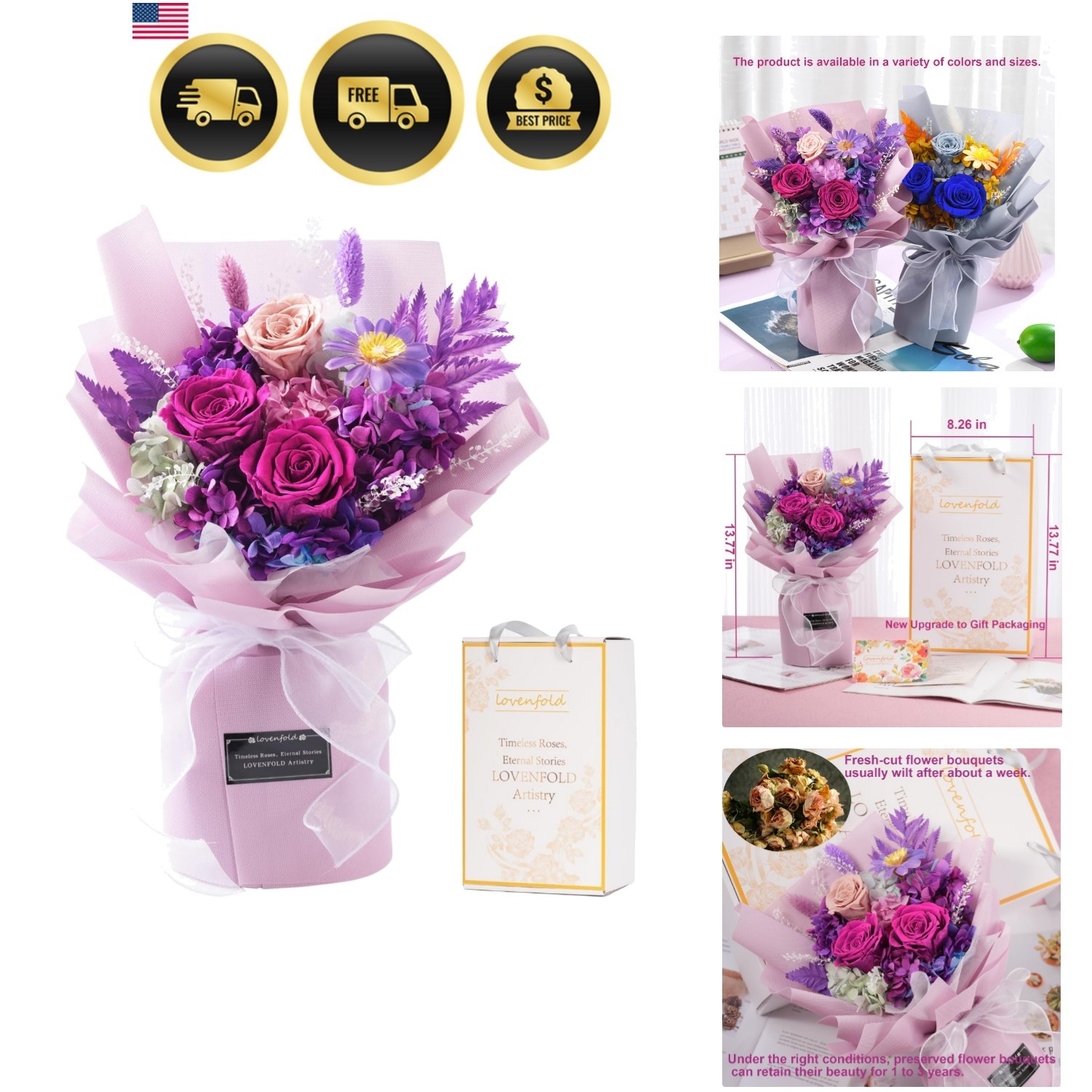 Preserved Flowers for Delivery, Purple Rose Bouquets That Last 1-3 , Birthday…