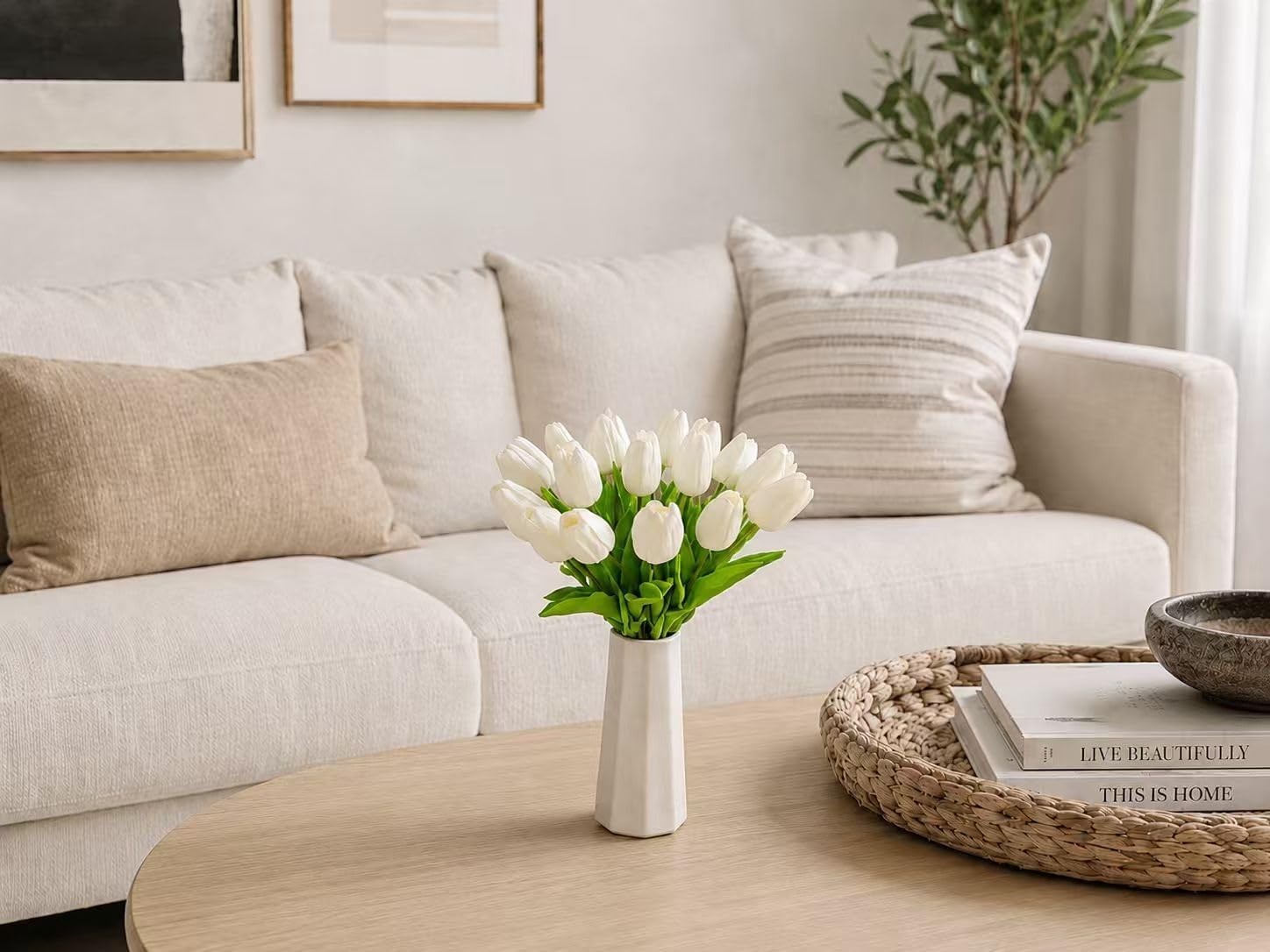 20pcs Artificial White Tulips – Elegant Faux Floral Arrangement for Home & Ev…