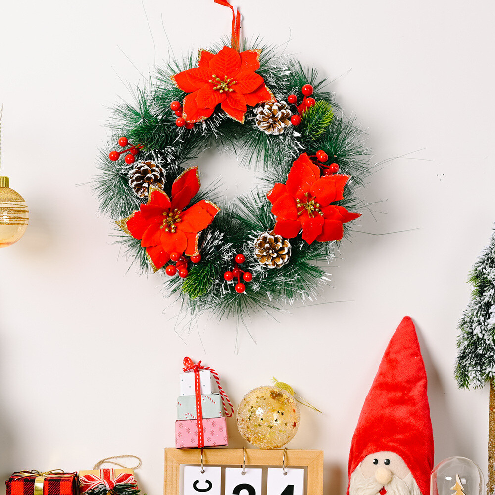 31cm 12″ Christmas Wreath Door Garland w Pinecone Red Berry Xmas Wall Tree Décor