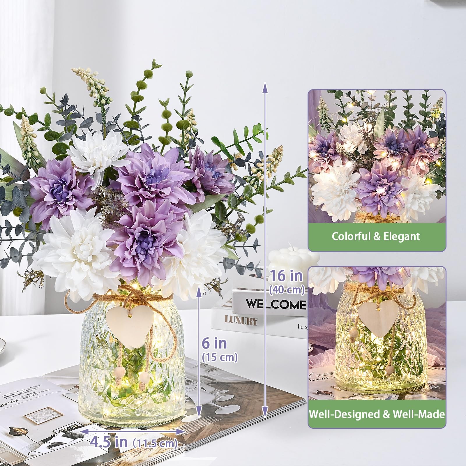 Fake Flowers in Vase with Lights, Faux Flowers in Vase, Dahlia Artificial Flo…