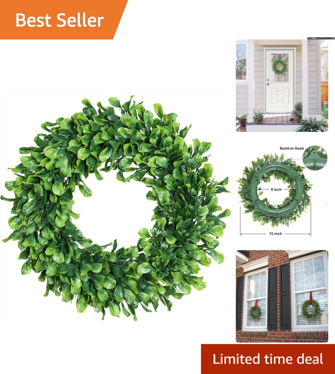 Lifelike 15″ Artificial Boxwood Wreath – Perfect for Front Door Elegance