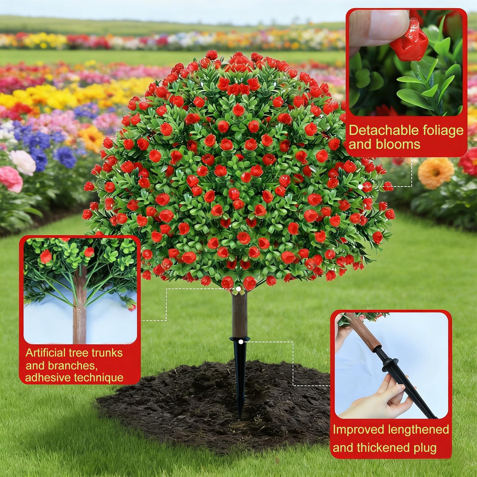 Artificial Topiary Rose Set of 2, Boxwood Ball with Ground Spike