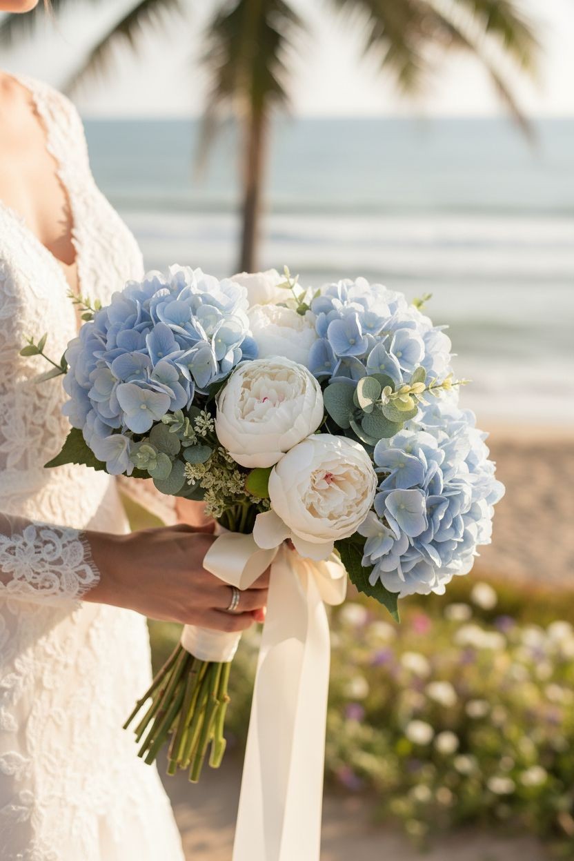 Soft Blue Artificial Hydrangea Stem Silk Flower Light Faux Floral Wedding Decor