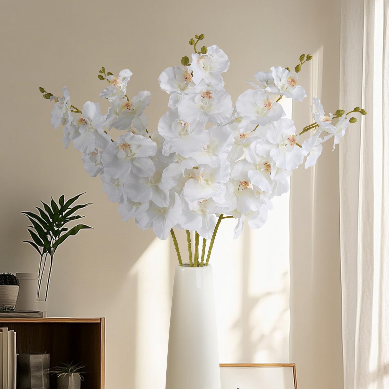 OBDXZHC 6 Pcs Artificial Orchid Stems 33.5″ Tall 9 Large Petals Fake White Ph…