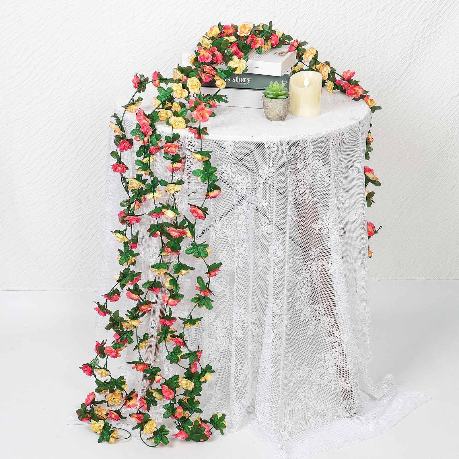 KHOYIME 9 Pack 72 FT Artificial Flower Garland, Fake Champagne Roses Vines Si…