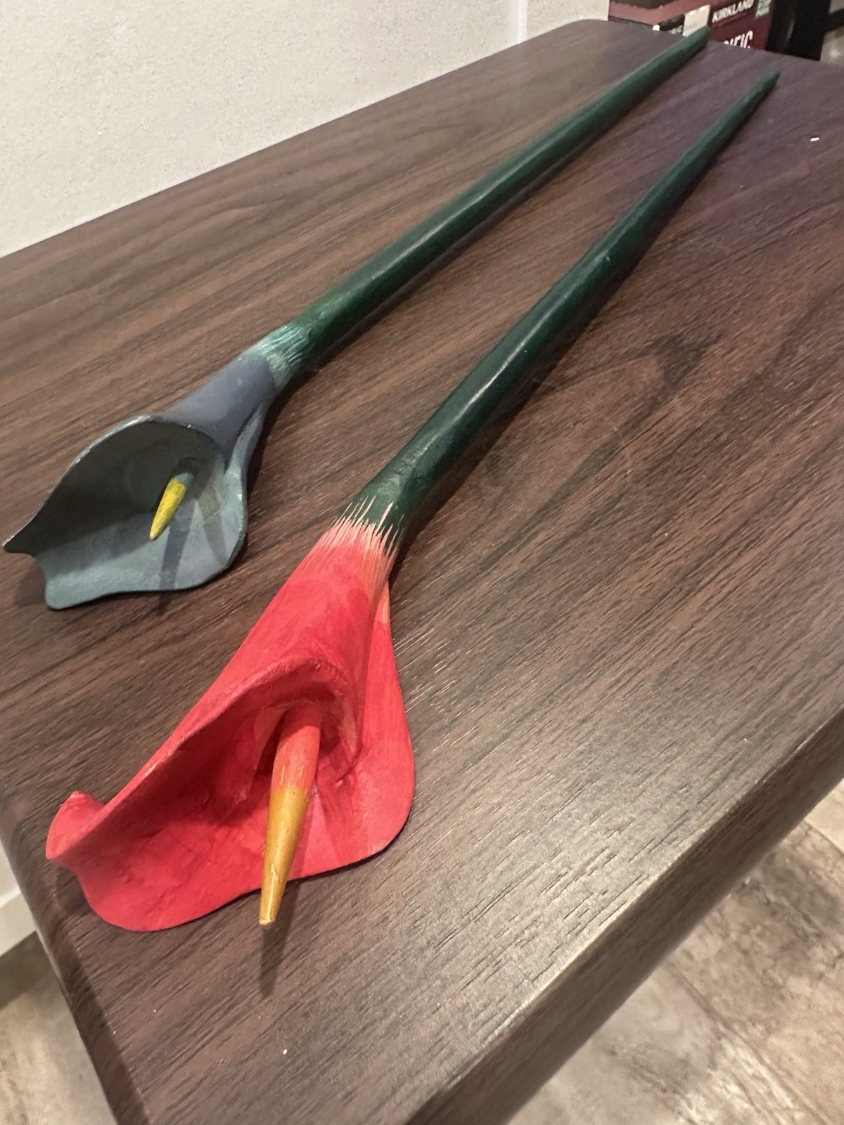 Pair Of Red And Blue Wood Long Stem Calla Lillies 18”