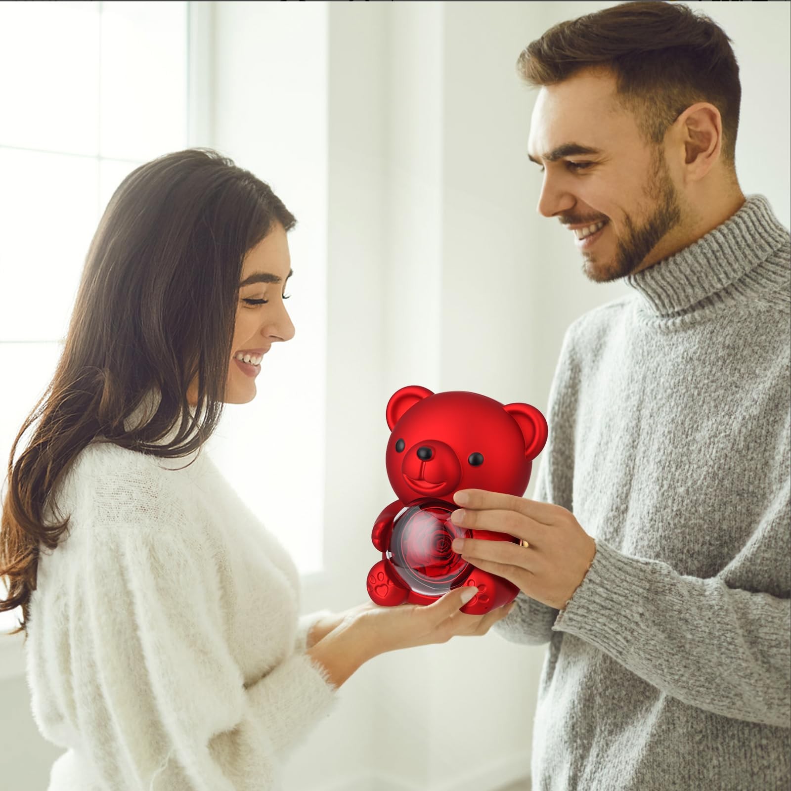 Easegain Cute Teddy Bear with Forever Preserved Real Rose,Eternal Flowers