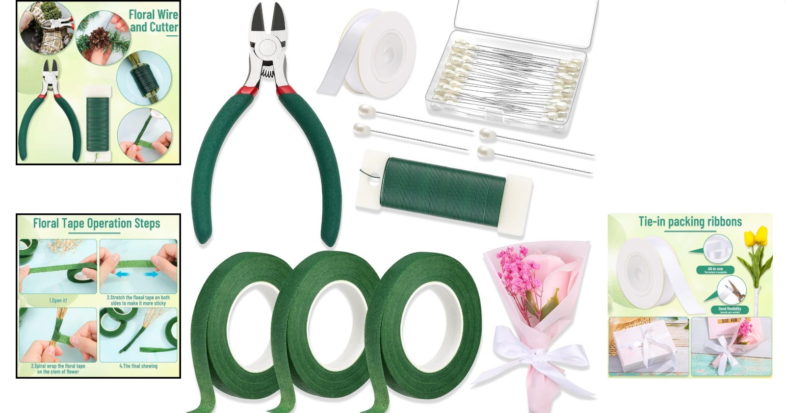 Floral Arrangement Kit with Green Wire Floral Tapes White Ribbon and Pins for…