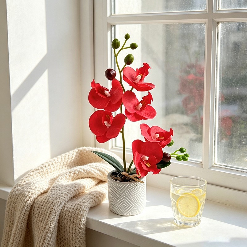 Fake Orchid Flower Plant in Cement Pot for Contemporary For Home Decoration
