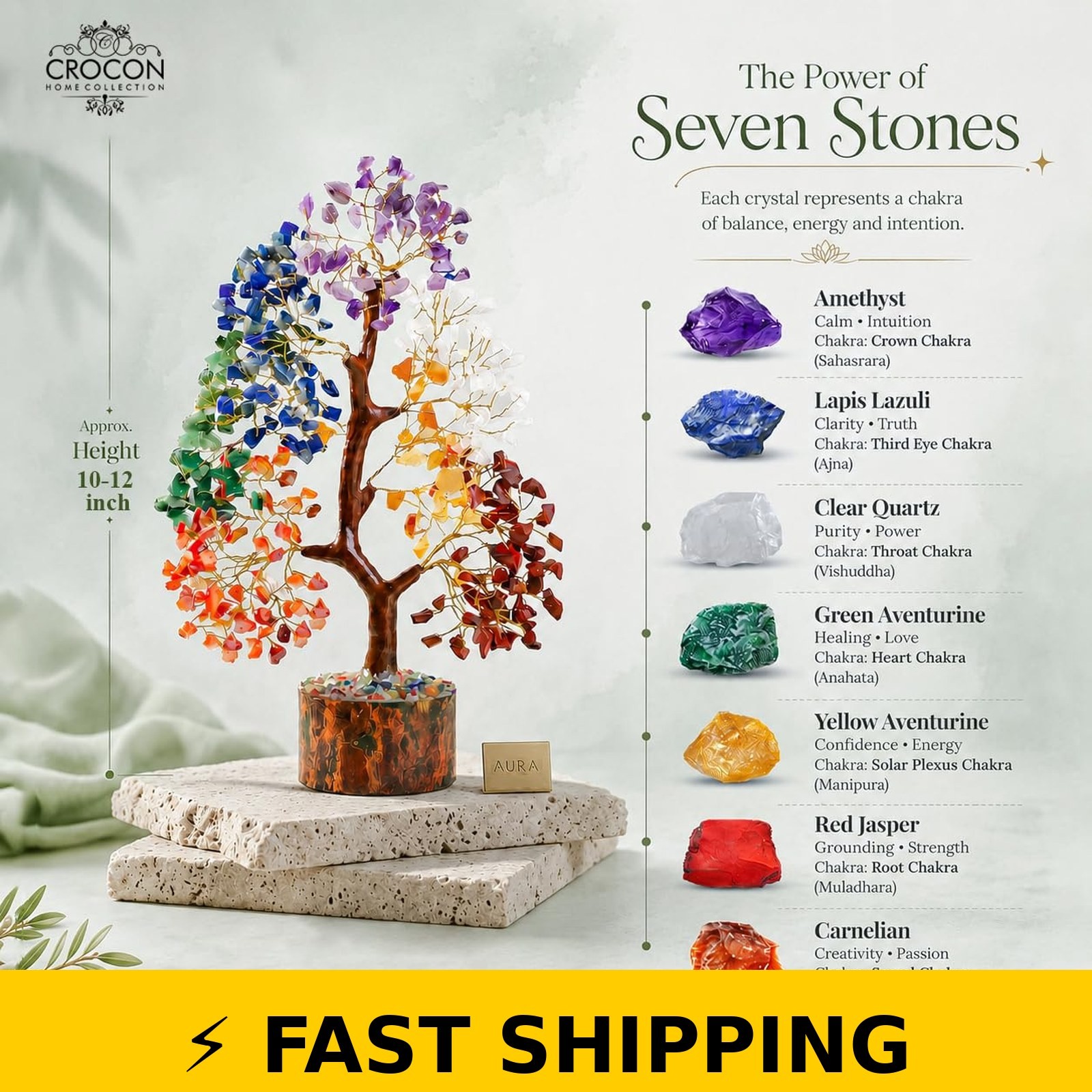 Crocon 7 Chakra Crystal Tree of Life, 10-12 Inch Healing Decor