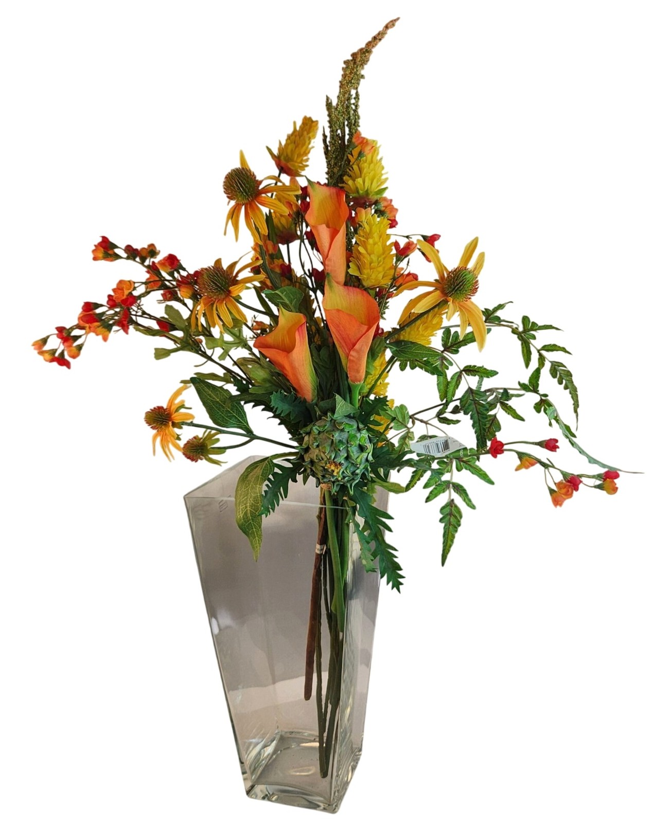 Artificial Flower Bouquet With Orange Calla Lilies, Yellow Cone Flowers Wild Mi