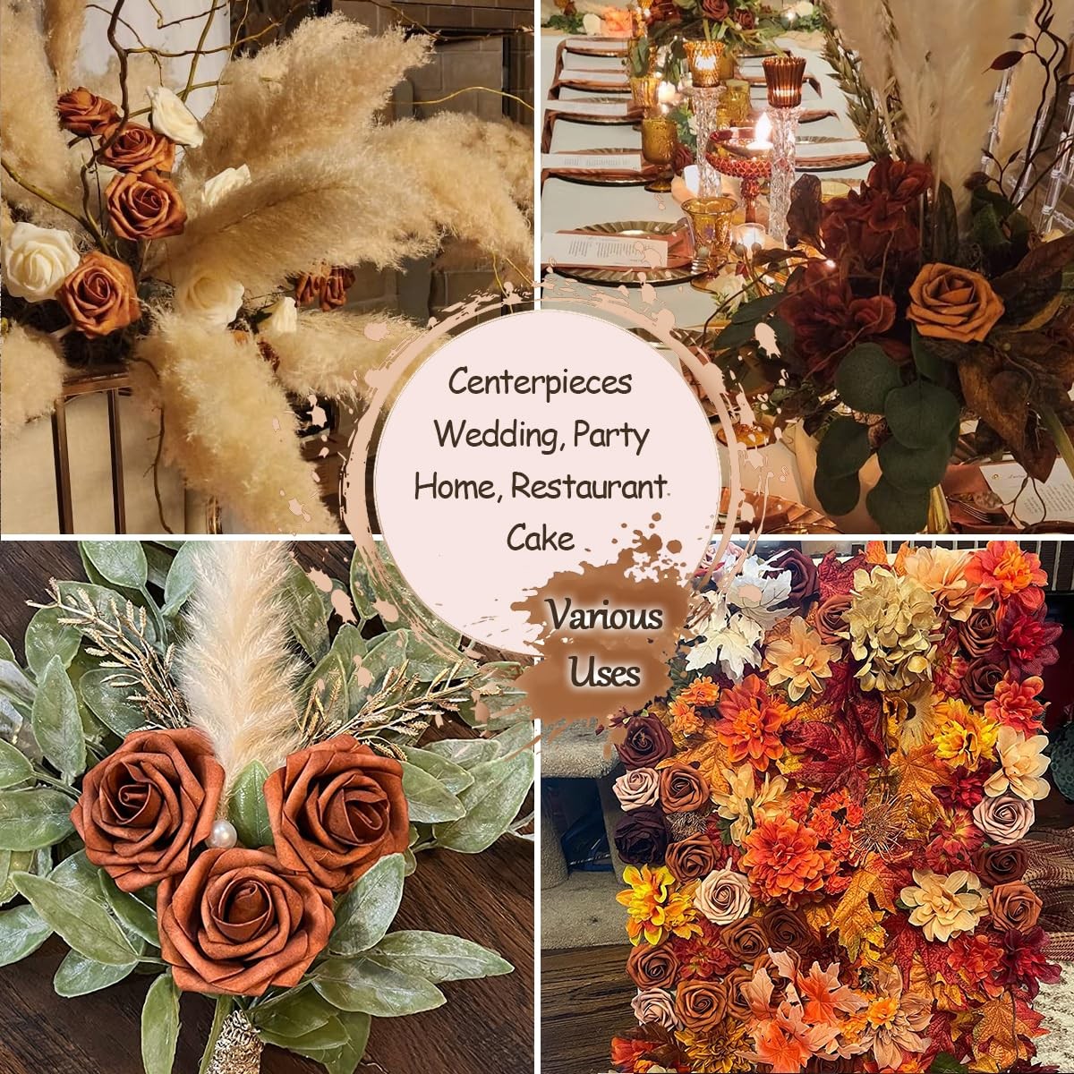 25pcs Artificial Flowers Burnt Orange Foam Fake Rose with Stems 8 Leaves Real…