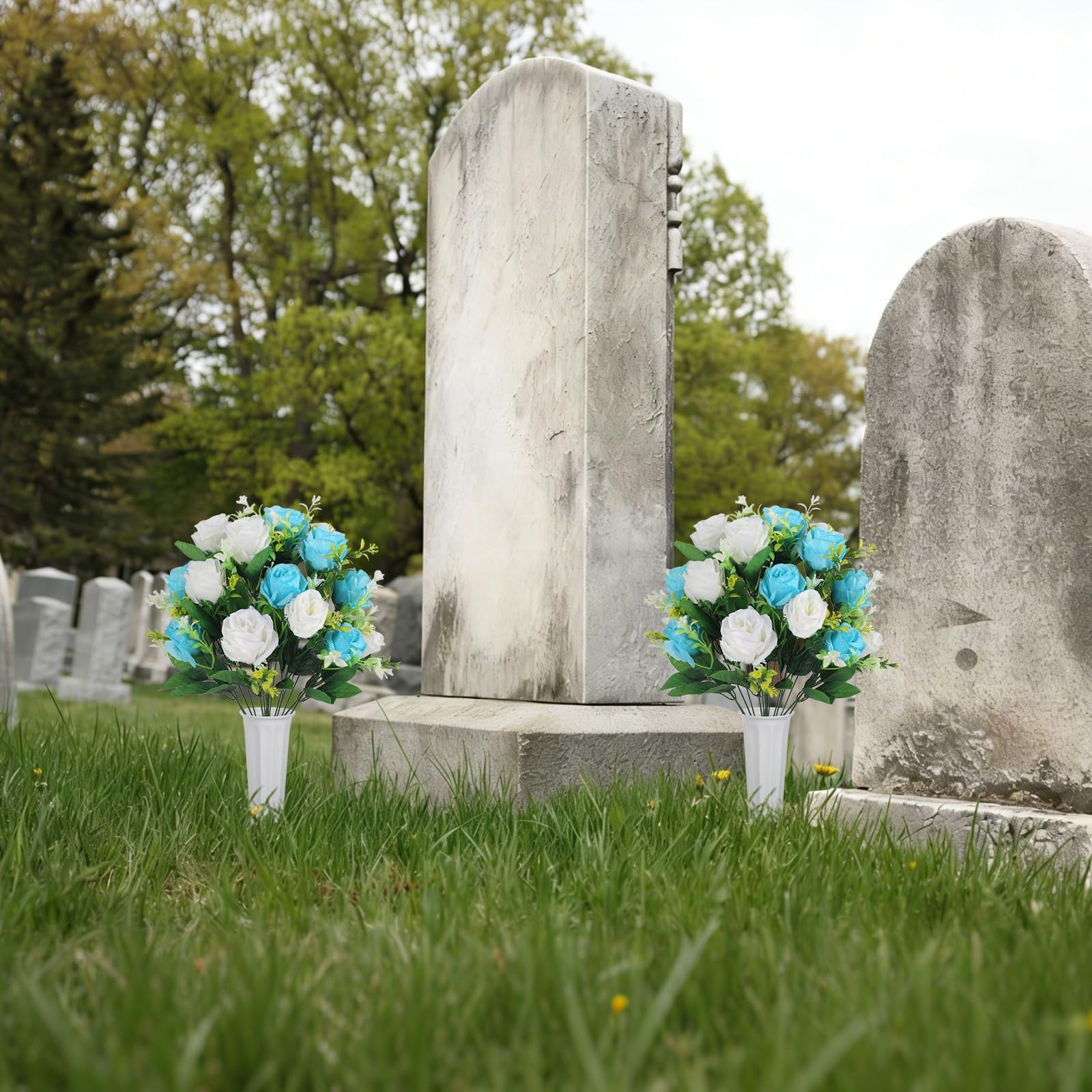 Cemetery Flowers with Vase 2 Pack Artificial Flowers for Cemetery, Silk Roses…