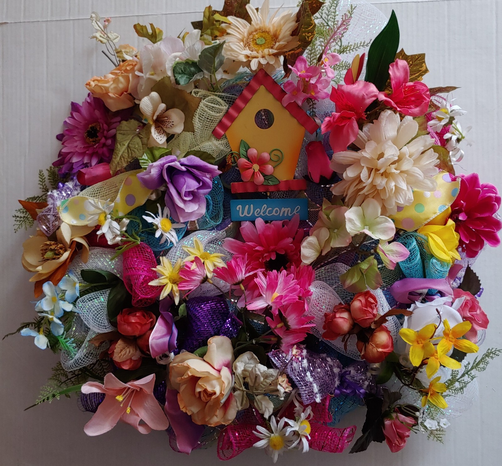 FREE Vibrant Colorful Floral Welcome Birdhouse Large 24″ Deco Mesh Wreath New
