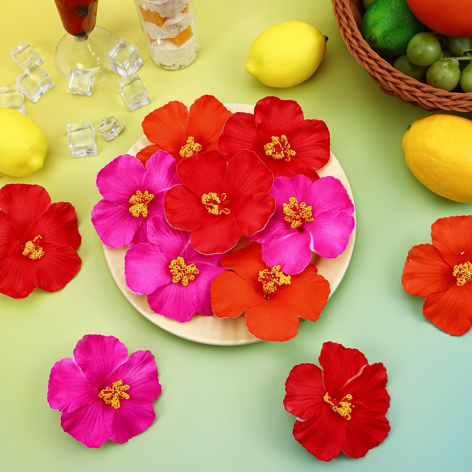 16 Pieces Artificial Hibiscus Flowers for Hawaiian Luau Party, Pink