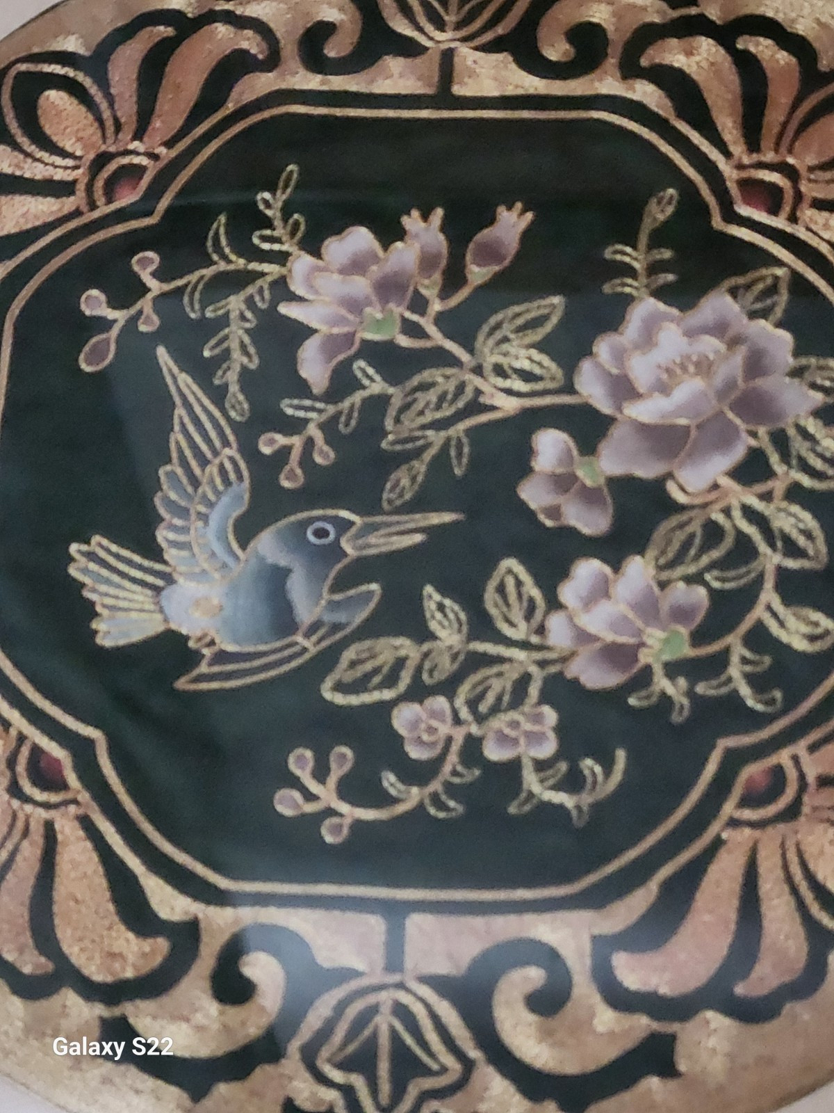 Green Silk Gold Embroidered Hummingbird Floral Professionally Framed