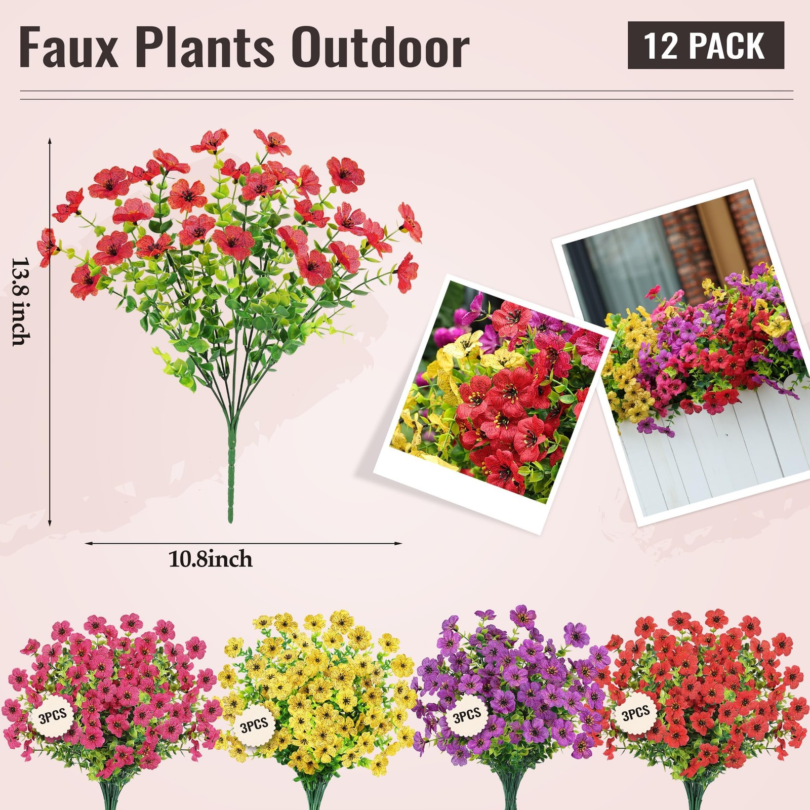 12 Bundles Artificial Flowers for Outdoors Fake Flowers Plants Spring Decoration