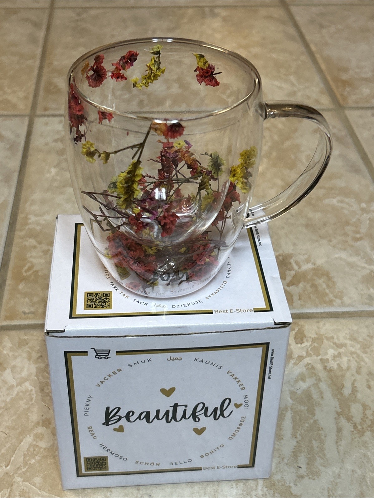 Floral Fusion Plastic Mug Double Wall Clear Coffee Tea Cup Botanical Dry Flower