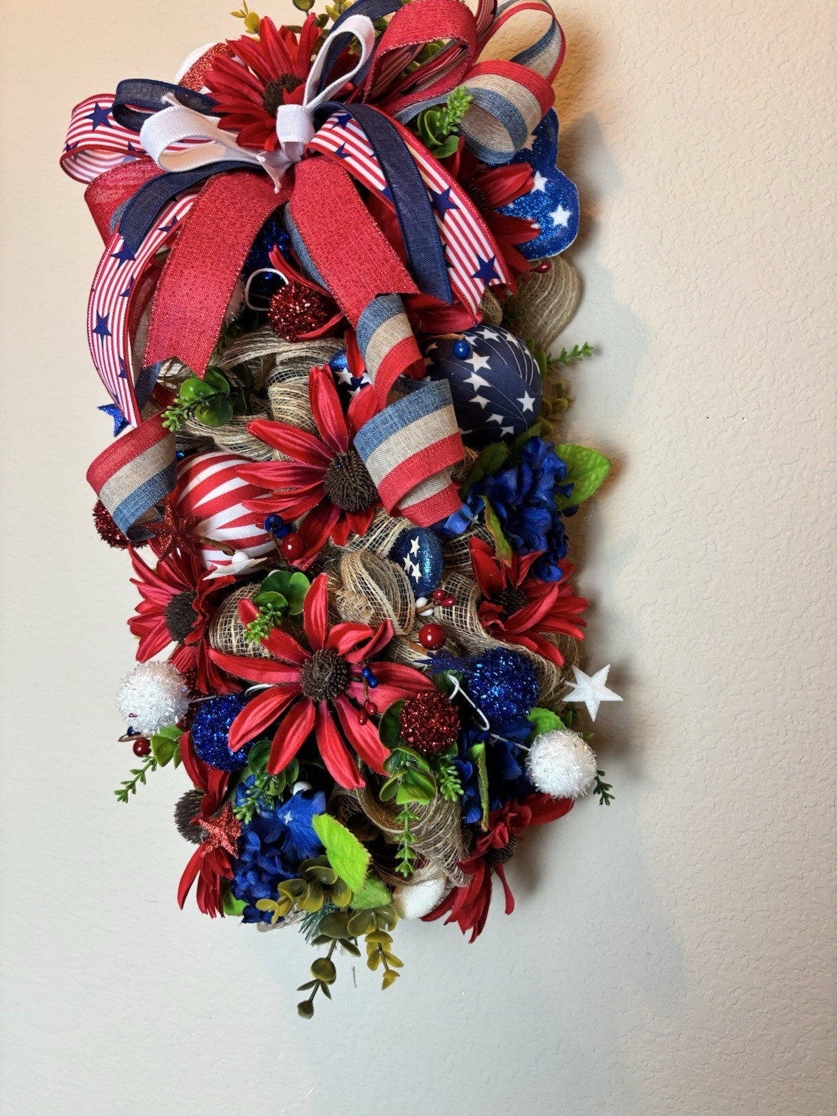 Patriotic Swag Wreath Red White Blue 4th July Door Decor Americana Bow