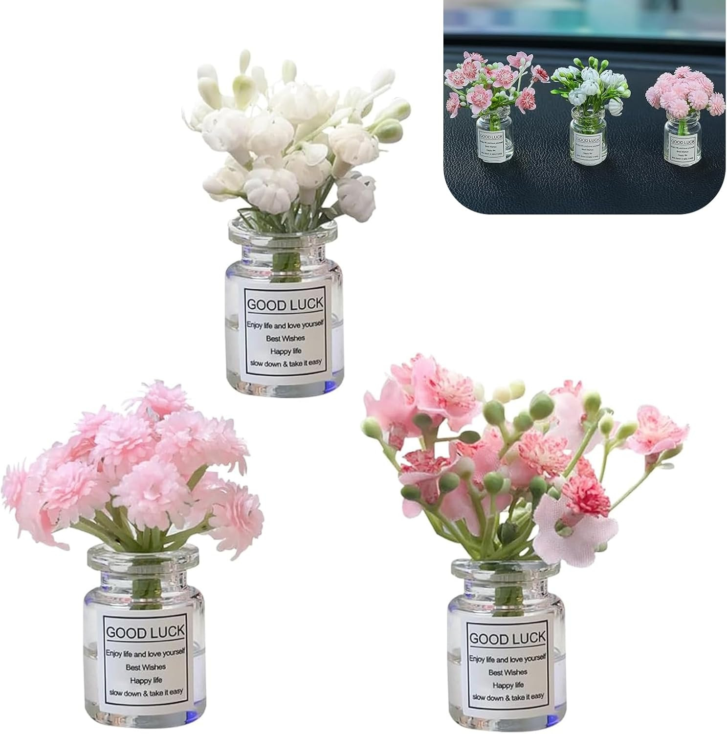 3 PCS Car Dash Flower Ornaments, Cute Mini Cherry Blossom Jasmine Decoration, Na