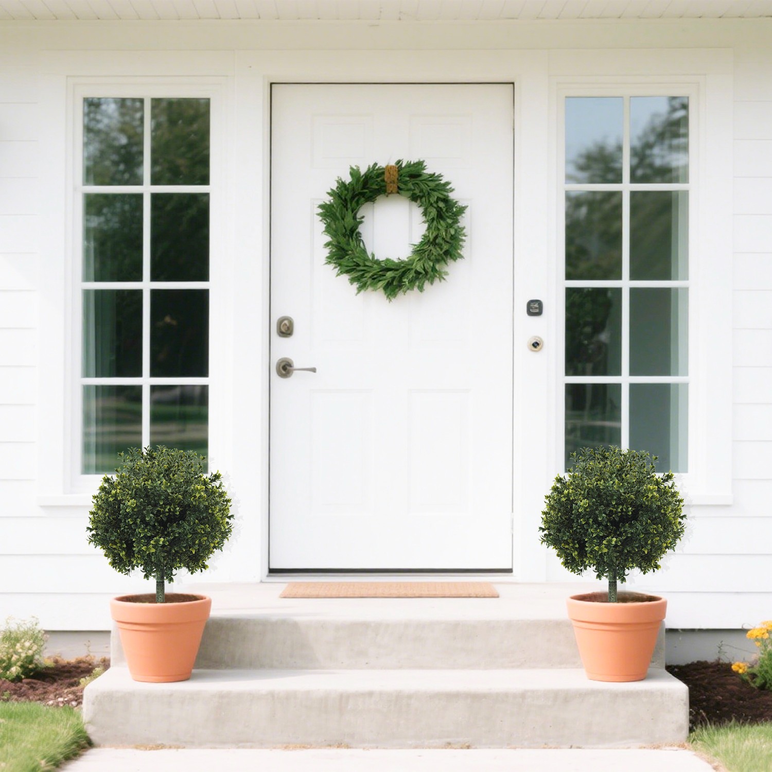Artificial 40 cm Boxwood Ball Topiary 2 Pcs with Ground Stake for Indoor Outdoor