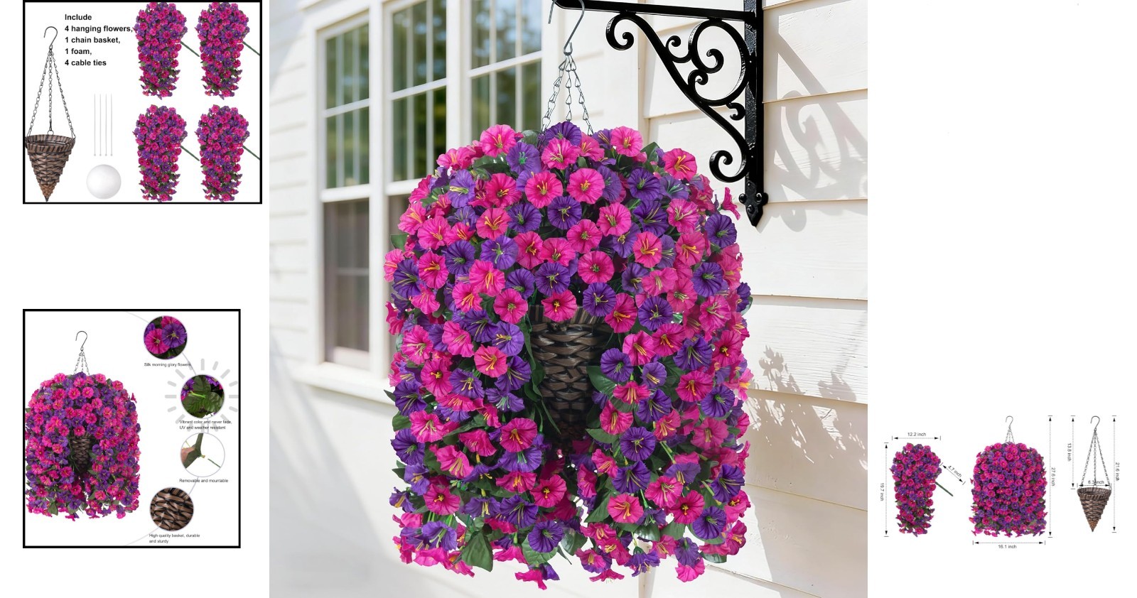 Low Maintenance UV Resistant Hanging Faux Silk Morning Glory Flowers – 7″ X 11″
