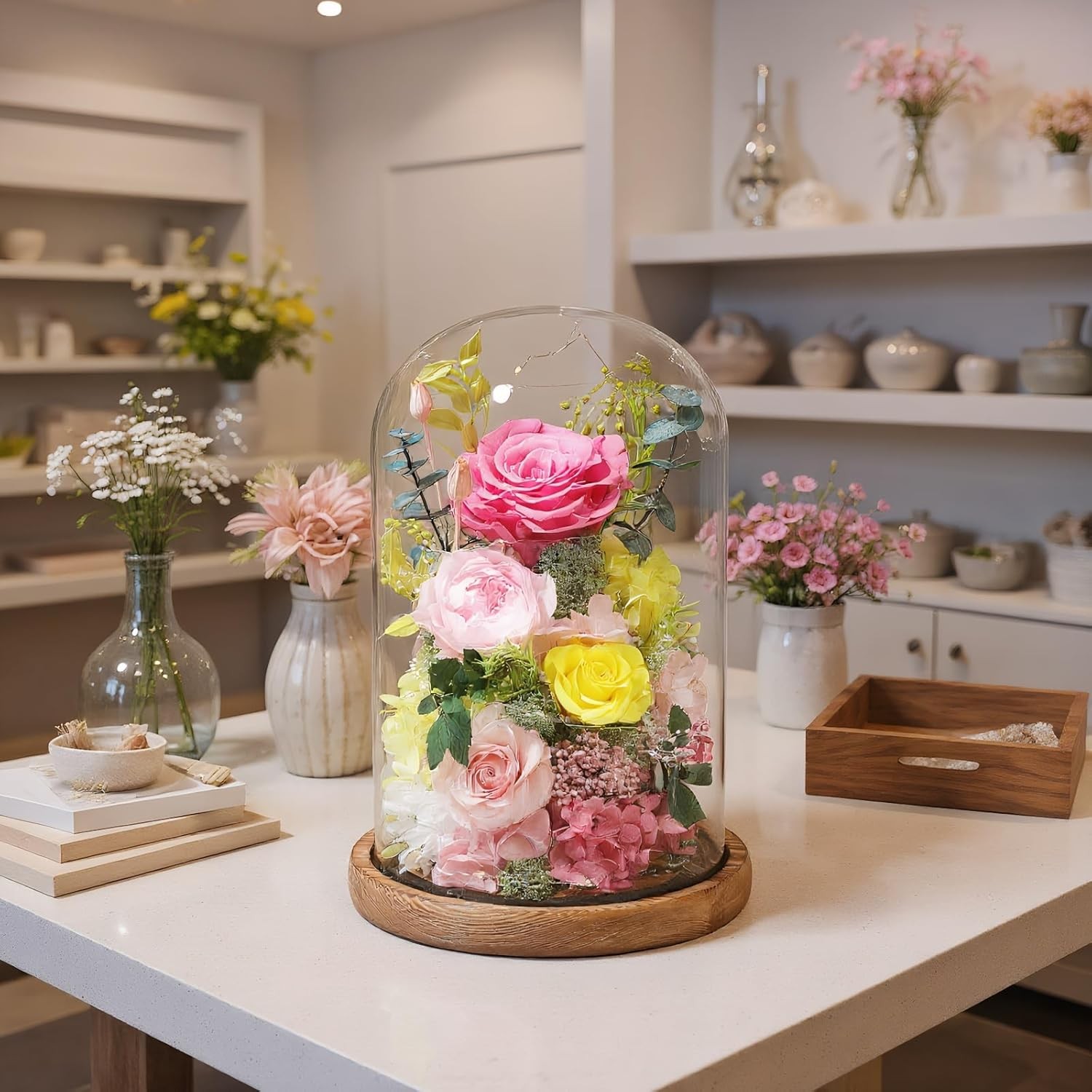 Flowers for Delivery Preserved Flowers Rose in Glass Dome,Pink Rose Forever Flow
