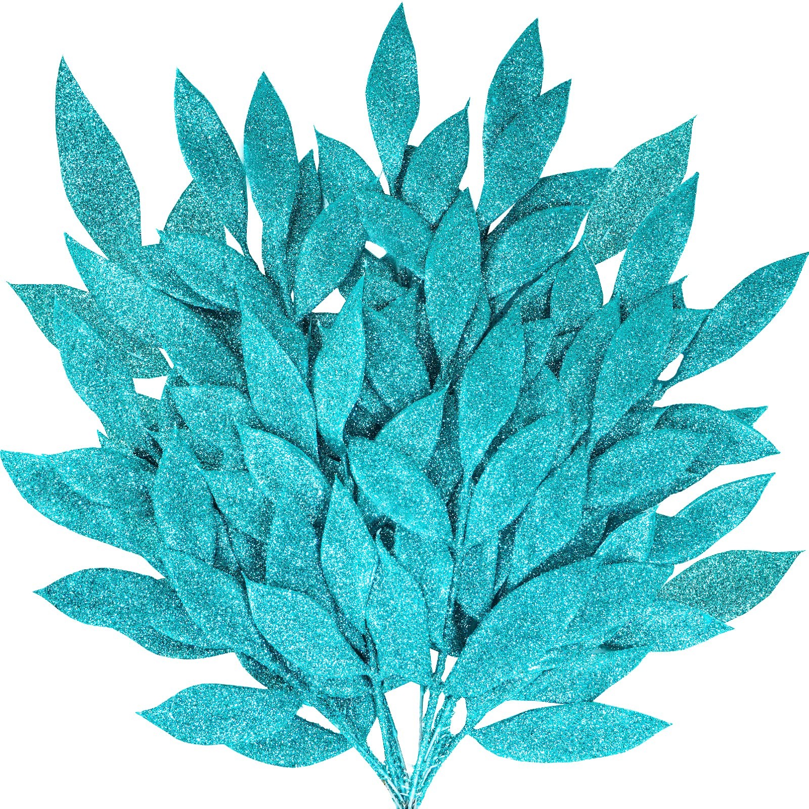 20 PCS Teal Glitter Bay Leaf Sprays Artificial Christmas Tree Picks 12.7 Inch