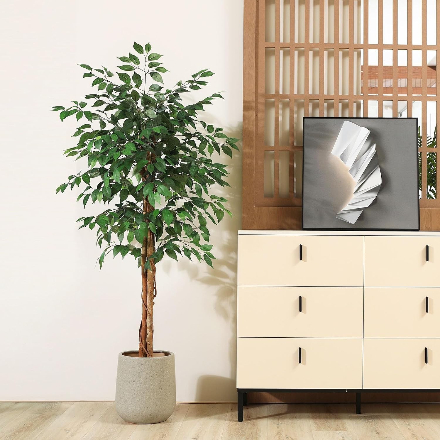 5ft Artificial Ficus Tree with Natural Wood Trunk, Silk Fake Ficus Tree in Pl…