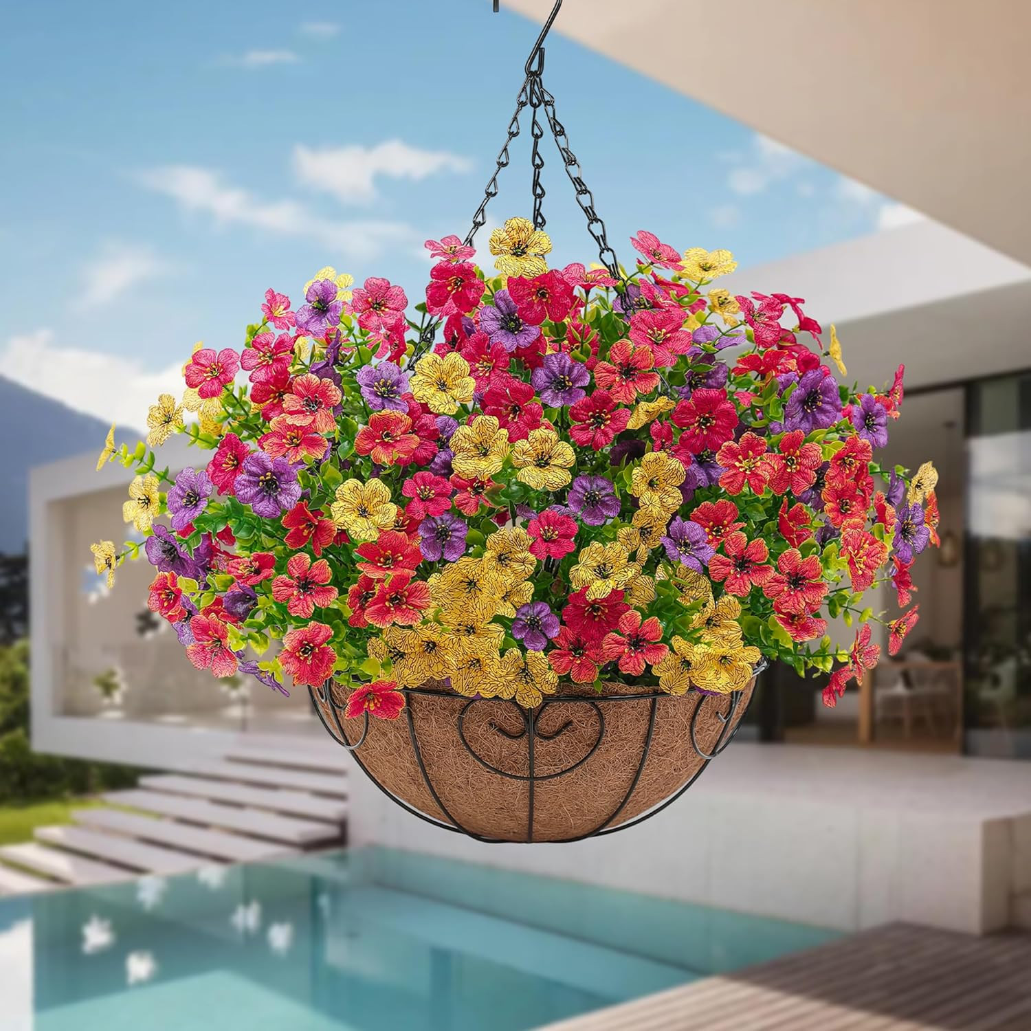 Artificial Faux Hanging Flowers Plants Basket for Outdoors outside Spring Summe