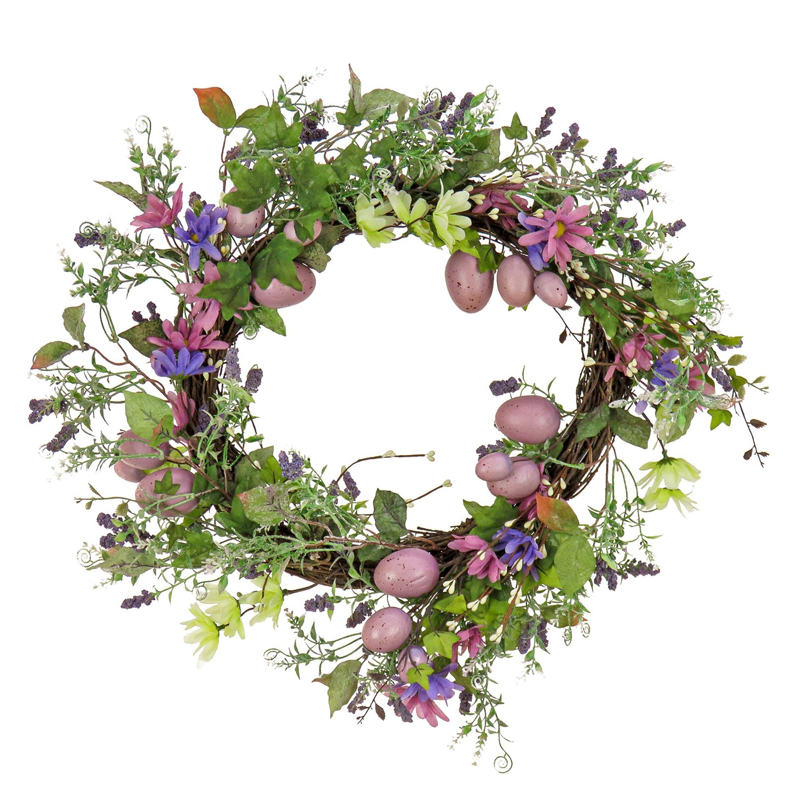 22 in. Easter Wreath Decorated with Purple Pastel Eggs, Pink Flowers, Leafy Gree