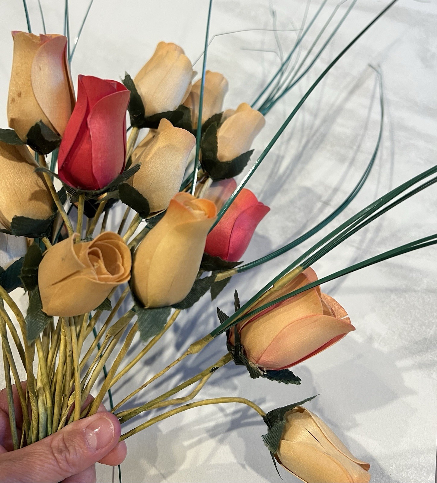 2 dozen Shaved Wood Rose Buds on stems, Cream and Rose Colors