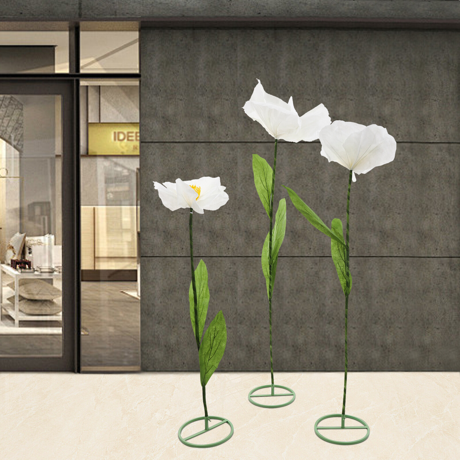 Set of 3 Artificial Flower Free Standing White Corn Poppy Decor Home Wedding