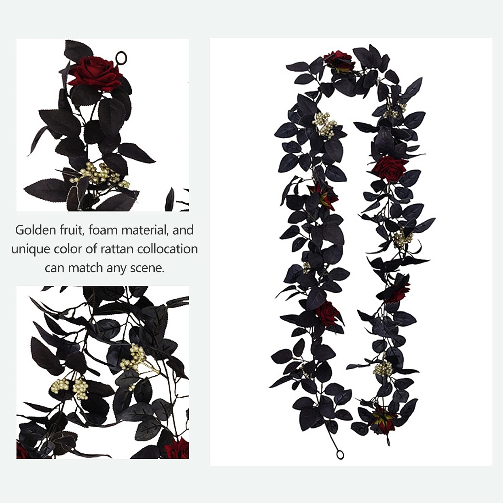 180cm Artificial Black Rose Vine Halloween Hanging Rose Flower Garland with B…