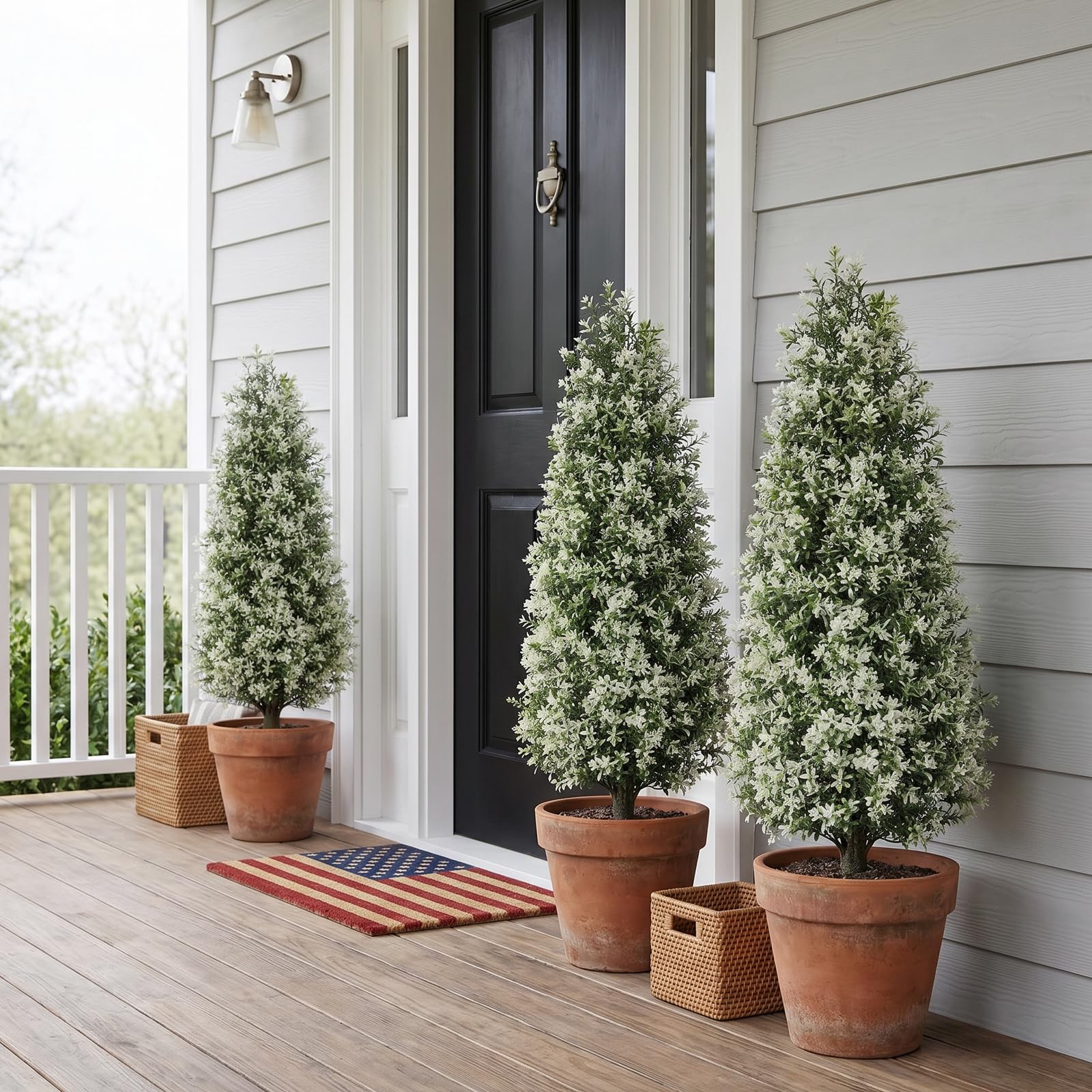 3 Ft Boxwood Topiary Set of 2, Outdoor Fake White Trees, Lifelike Faux Topiar…