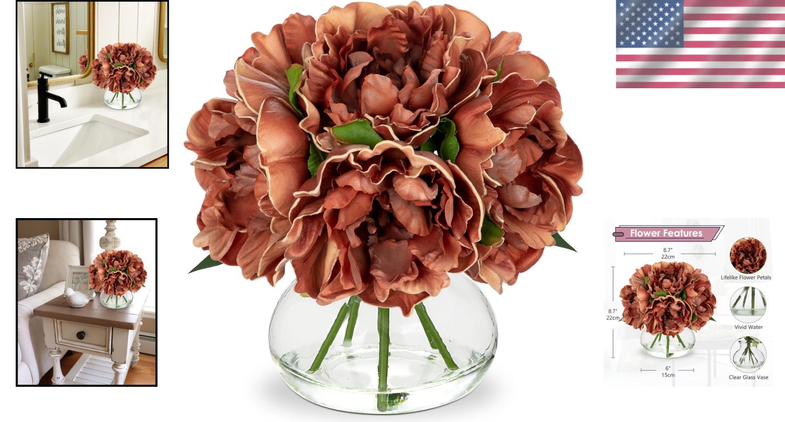 Realistic Faux Peony Arrangement with Vase