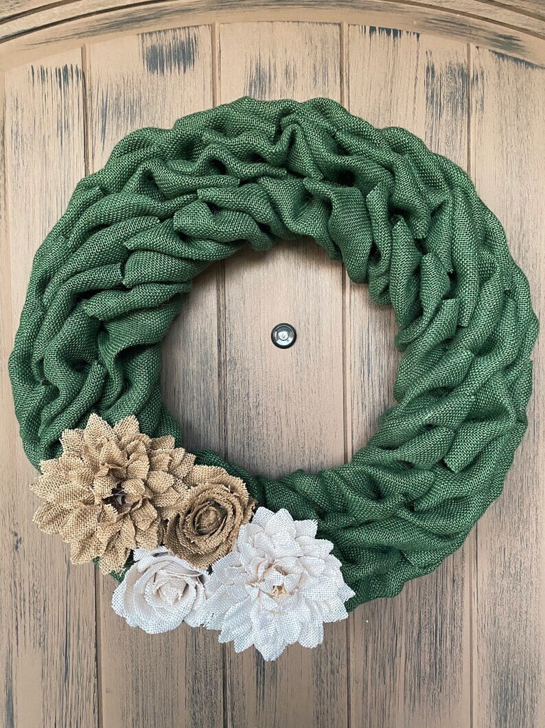 14″ Forest Green Farmhouse Burlap Wreath HANDMADE