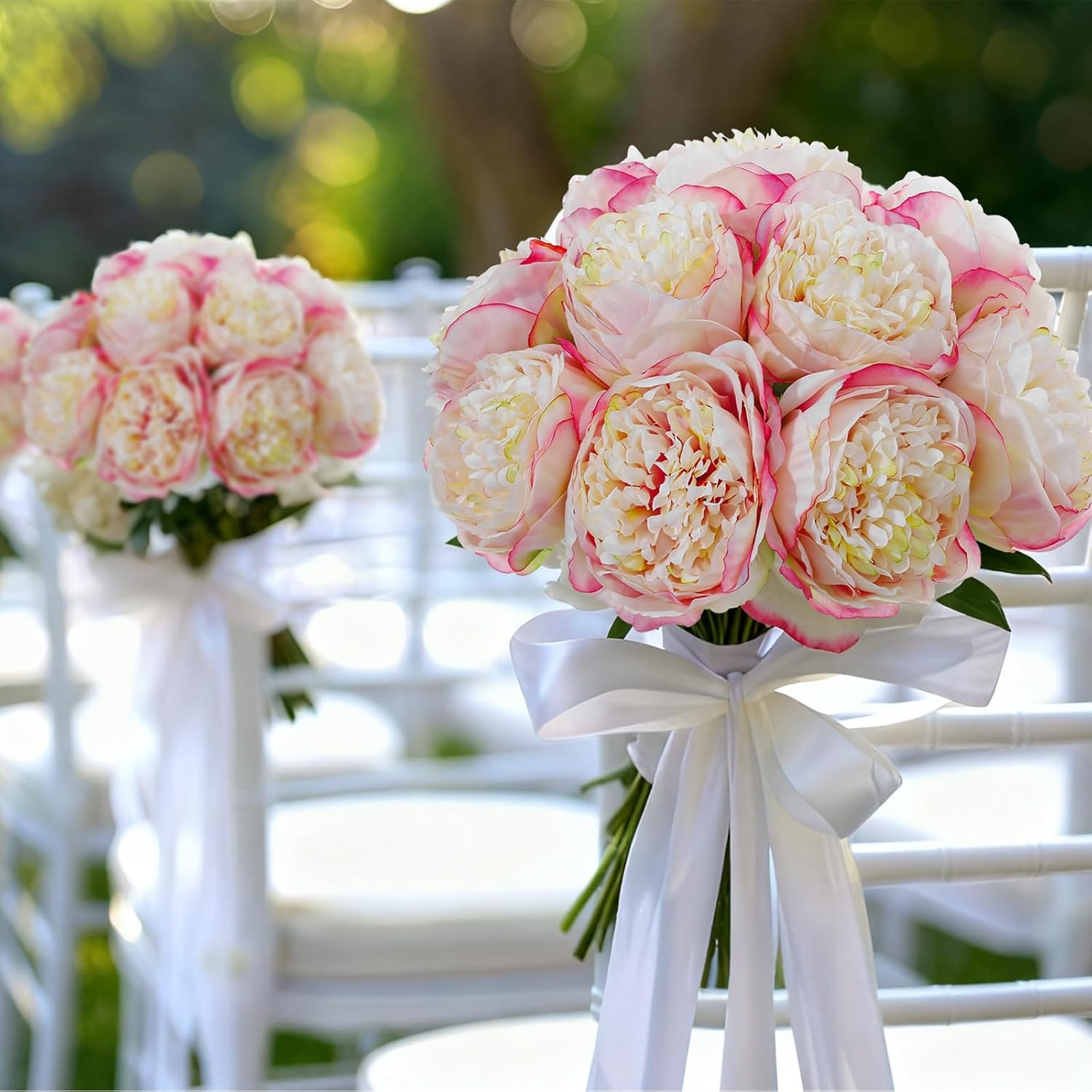 10PCS Champagne Realistic Silk Peonies Bouquet, Waterproof & UV Resistant Faux P