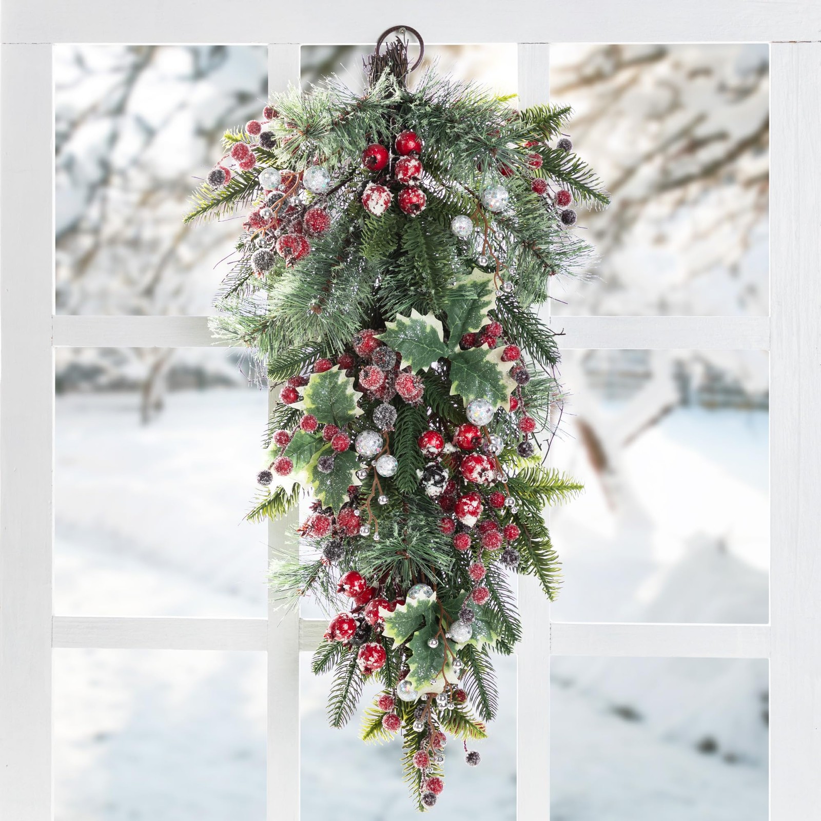 Christmas Teardrop Swag 28 Inch Red Pomegranate Berry & Holy Leaf Decor for F…