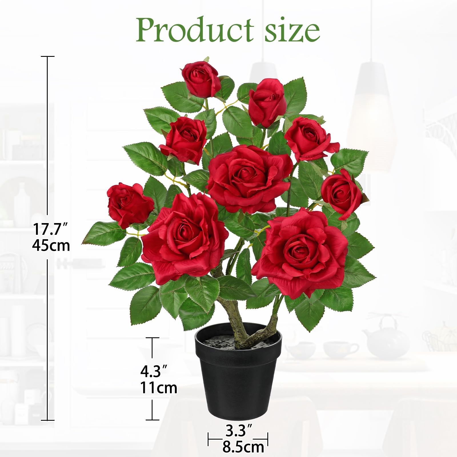 Artificial Rose Flowers Potted Plant – 17.7″ Small Fake Red Roses Tree with B…