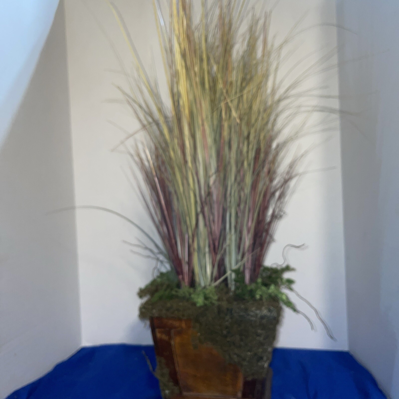 24″ Grass in Multiple Colors In Handcrafted Wood &Wicker Pot W/Moss- Estate Find