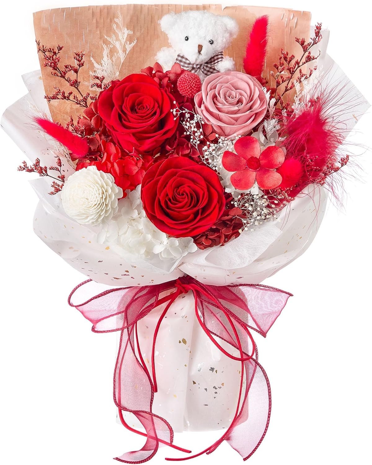 Romantic Forever Flower Arrangement Red Roses with Bear Ideal for Anniversary