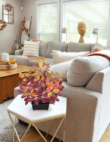 15.7″ Fake Fall Bonsai Plant in Black Pot, Artificial Autumn Eucalyptus Red