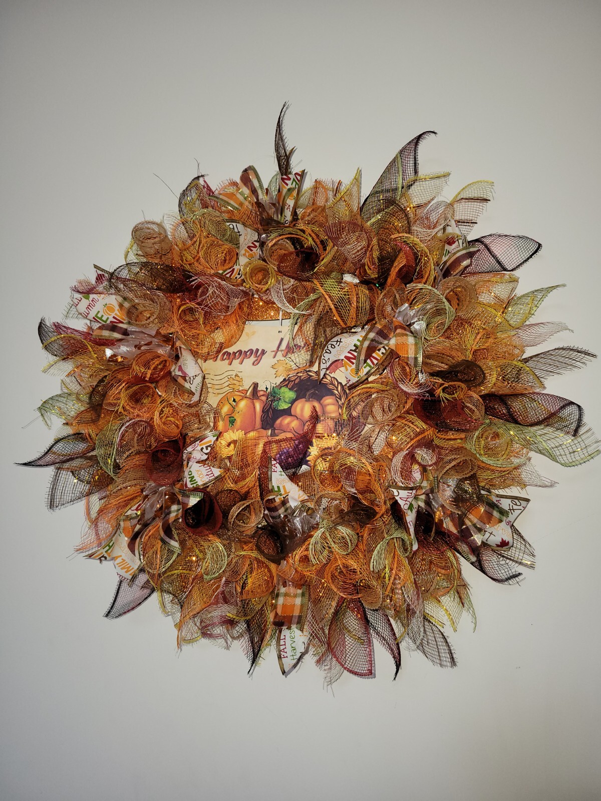 HAPPY HARVEST autumn Spring Mesh Front Door Wreath Wall Decor Bright colors