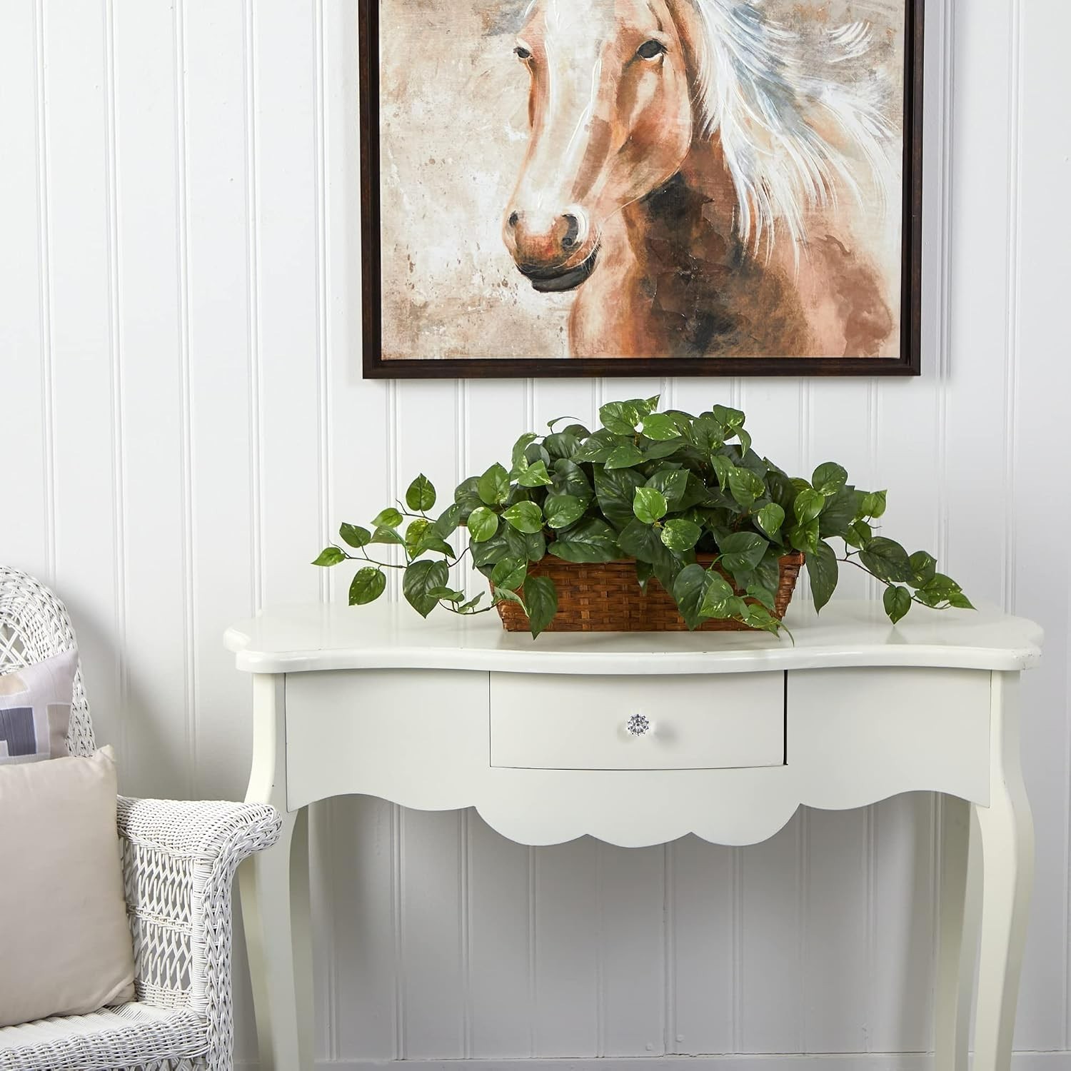 34” Artificial Pothos Ivy Plant in Ledge Basket for Effortless Home Elegance