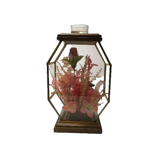 Display Case w Tea Lite Holder Pink Silk Flowers Wood and Brass Vintage