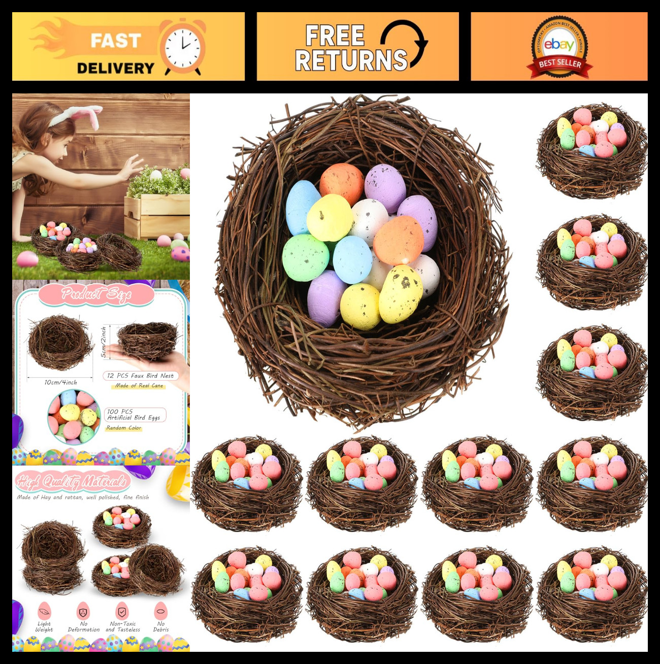 12 Pcs Mini Artificial Bird Nests with 100 Easter Eggs for Crafts & Decor