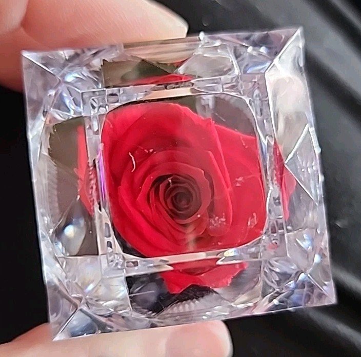 preserved Real red rose W Leaf In clear diamond shaped acrylic Ring box