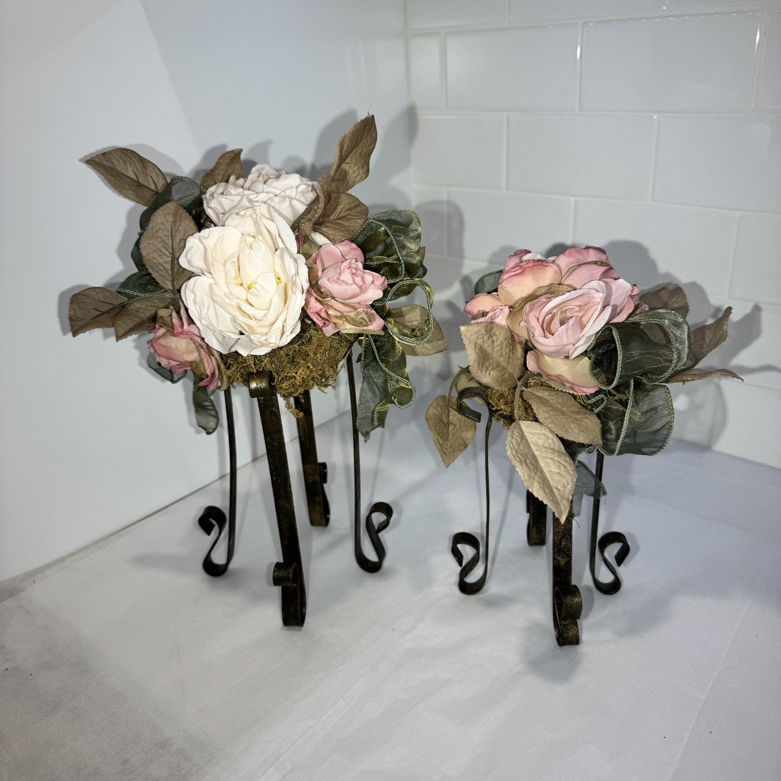 Artificial Pink/Dusty Rose/moss Flower FAUX Bouquet w Iron Legs Green Ribbon
